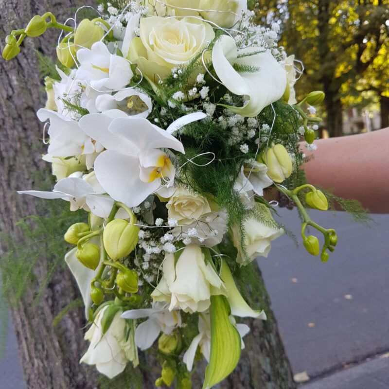 Modern bruidsbloemarrangement uit het lookbook, met een focus op frisse witte bloemen en minimalistische esthetiek.